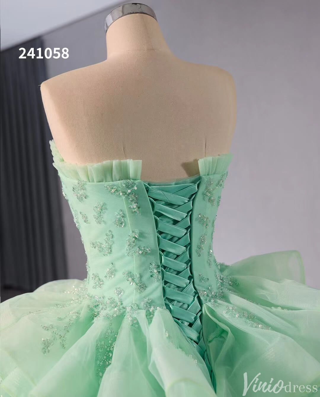 Green Strapless Ruffled Tiered Wedding Gown Beaded Lace Quinceanera Dress 241058-Quinceanera Dresses-Viniodress-Viniodress