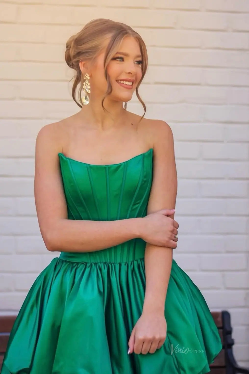 Green Strapless Satin Homecoming Dress with Bubble Hem HS021 Viniodress Green Strapless Satin Homecoming Dress with Bubble Hem HS021 Viniodress