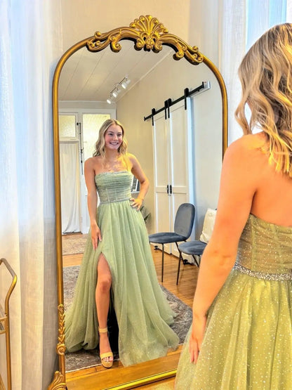 Green Strapless Sparkly Tulle Prom Dress with Slit & Sheer Boned Bodice – Style FD6052-prom dresses 2025 -Viniodress-Green-Custom Size-