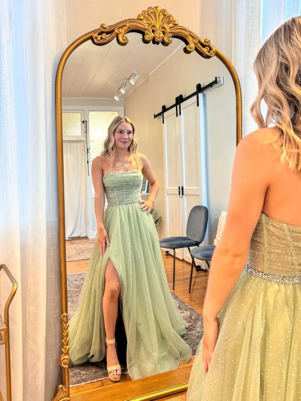 Green Strapless Sparkly Tulle Prom Dress with Slit & Sheer Boned Bodice – Style FD6052-prom dresses 2025 -Viniodress-Green-Custom Size-