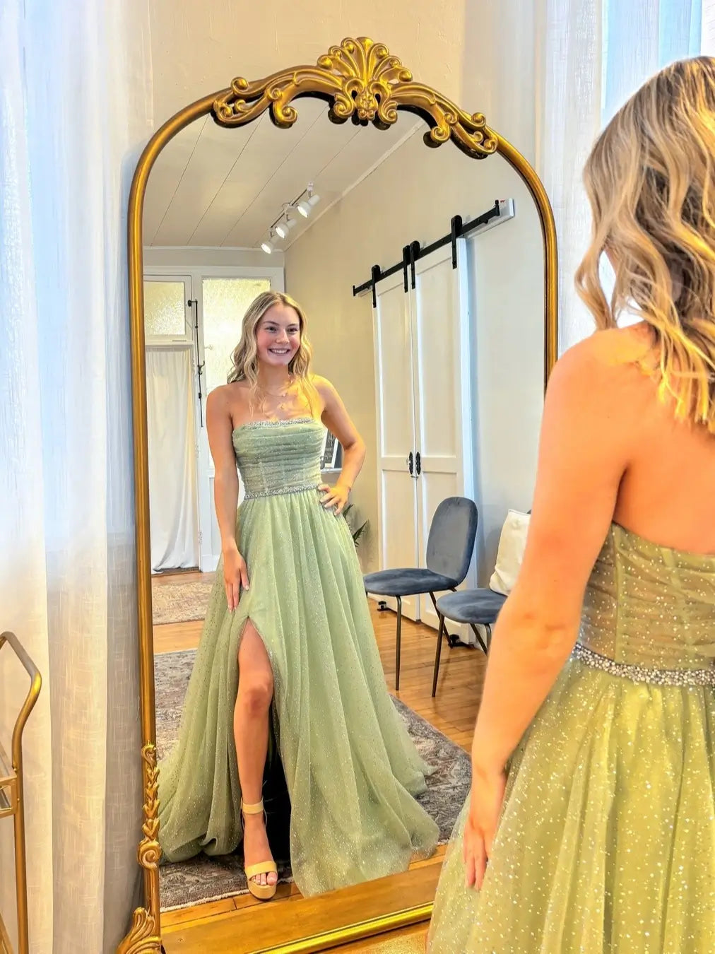 prom dresses 2025-to impress Green Strapless Sparkly Tulle Prom Dress with Slit & Sheer Boned Bodice – Style FD6052-plus size wedding dresses Viniodress-Green-Custom Size-