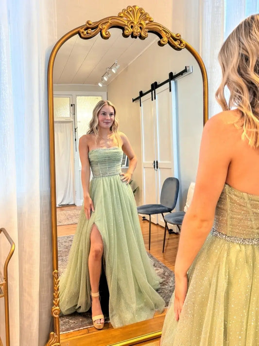 prom dresses 2025-to impress Green Strapless Sparkly Tulle Prom Dress with Slit & Sheer Boned Bodice – Style FD6052-plus size wedding dresses Viniodress-Green-Custom Size-