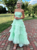 prom dresses 2025 Green Strapless Tulle Prom Dresses 2025 Ruffled Formal Dresses - FD3709-plus size wedding dresses Viniodress-Green-Custom Size-