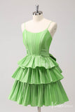 Green Tiered Bow-Tie Homecoming Dresses Spaghetti Strap Back to School Dress S24035-prom dresses-Viniodress-Viniodress