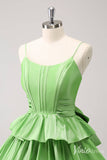 Green Tiered Bow-Tie Homecoming Dresses Spaghetti Strap Back to School Dress S24035-prom dresses-Viniodress-Viniodress