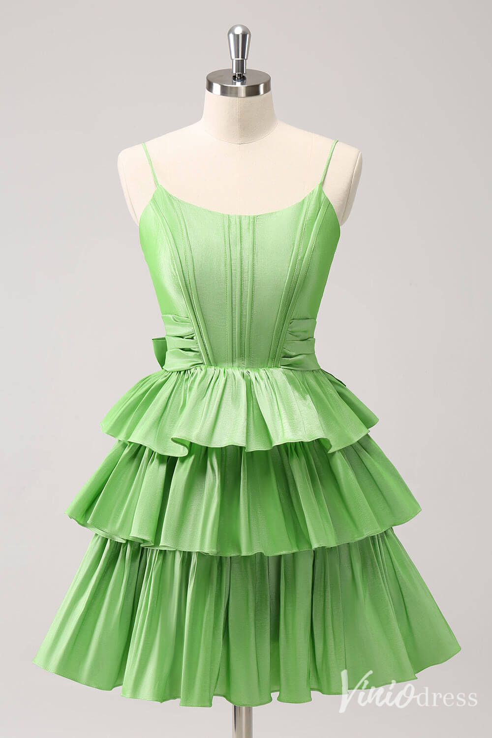 Green Tiered Bow-Tie Homecoming Dresses Spaghetti Strap Back to School Dress S24035-prom dresses-Viniodress-Green-Custom Size-Viniodress