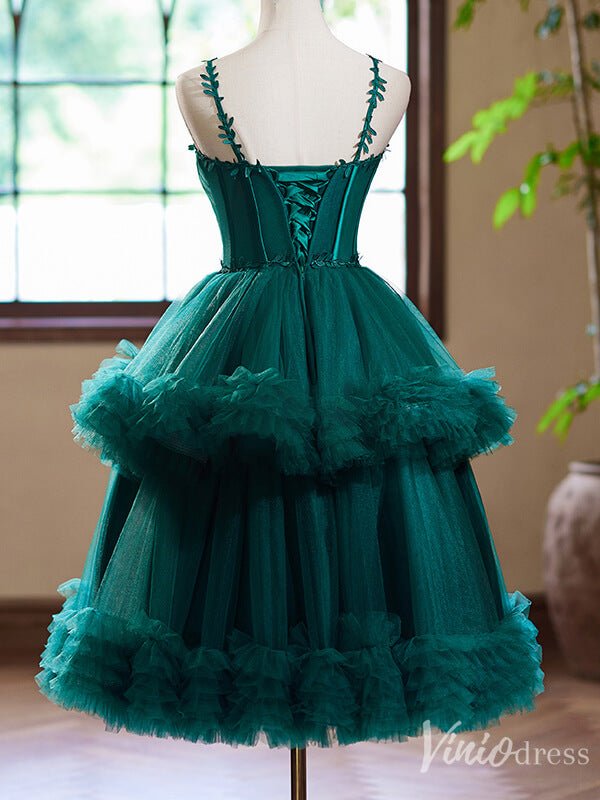 Green Tiered Tulle Homecoming Dress Spaghetti Strap Hoco 2024 Back to School Dress 8013-prom dresses 2025 -Viniodress-Green-Custom Size-