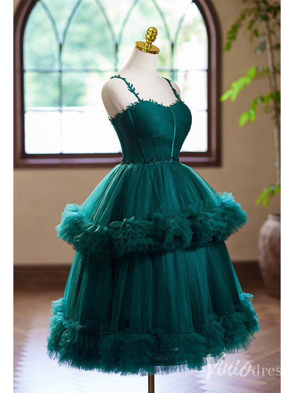 Green Tiered Tulle Homecoming Dress Spaghetti Strap Hoco 2024 Back to School Dress 8013-prom dresses 2025 -Viniodress-Green-Custom Size-