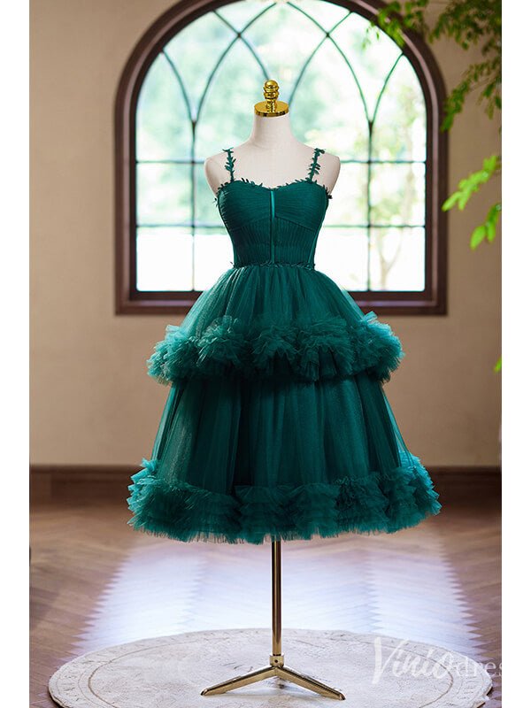 Green Tiered Tulle Homecoming Dress Spaghetti Strap Hoco 2024 Back to School Dress 8013-prom dresses 2025 -Viniodress-Green-Custom Size-