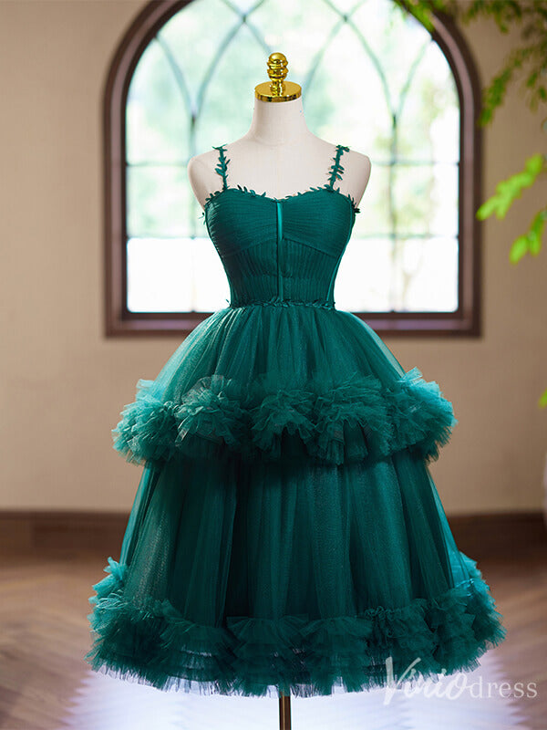 Green Tiered Tulle Homecoming Dress Spaghetti Strap Hoco 2024 Back to School Dress 8013-prom dresses-Viniodress-Green-Custom Size-Viniodress