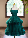 Green Tiered Tulle Homecoming Dress Spaghetti Strap Hoco 2024 Back to School Dress 8013