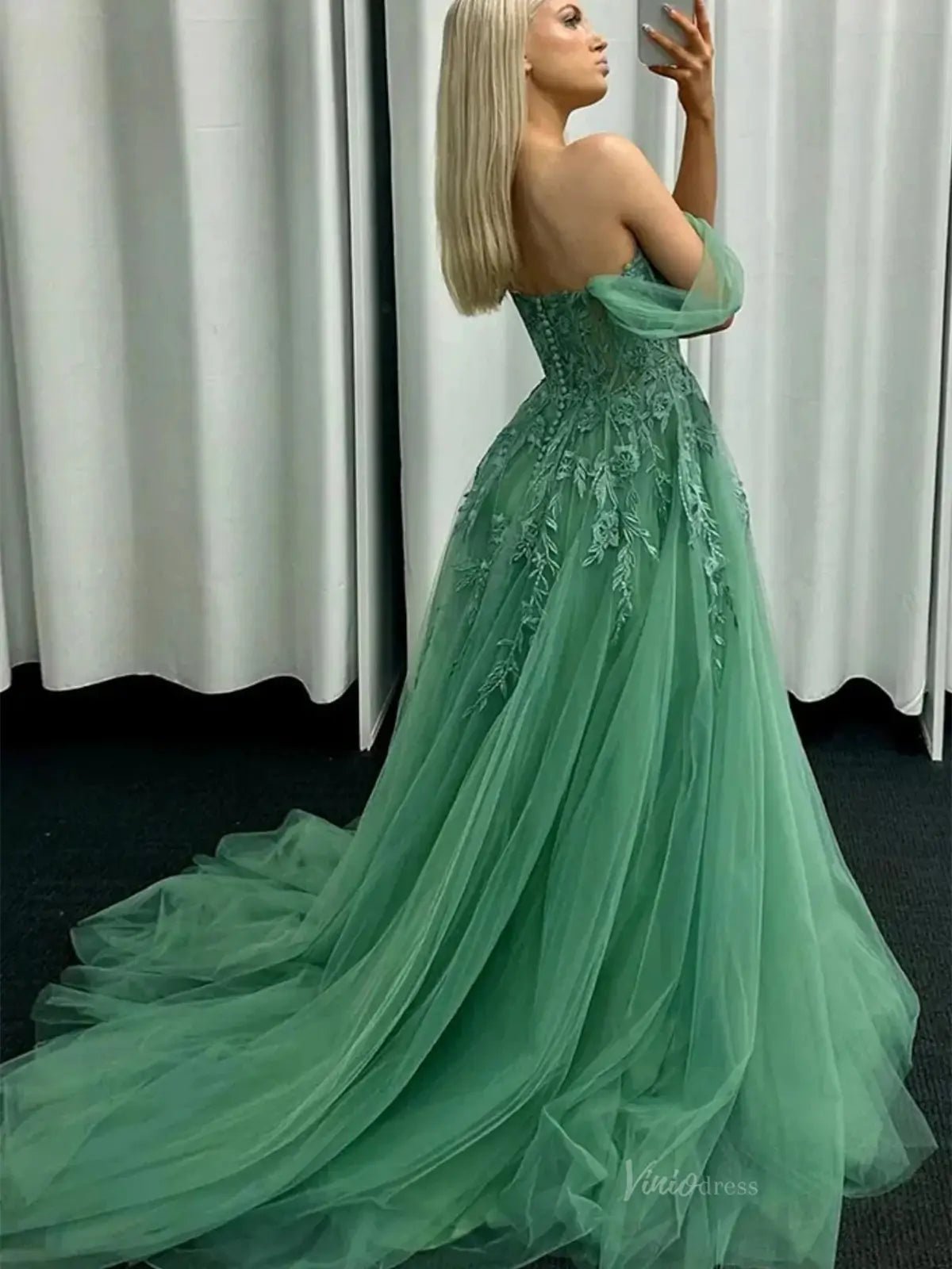 Green Tulle Lace Prom Dresses Off the Shoulder Formal Dress - FD5140-prom dresses 2025 -Viniodress-Green-Custom Size-