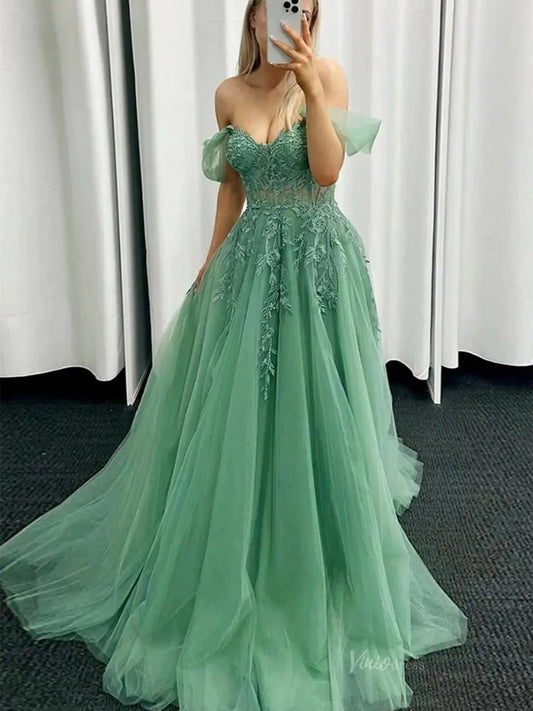 Green Tulle Lace Prom Dresses Off the Shoulder Formal Dress - FD5140-prom dresses 2025 -Viniodress-Green-Custom Size-