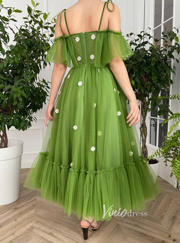 Short Prom Dresses 2025 Green Tulle Prom Dress Spaghetti Strap Daisy Flower Formal Dress FD2773-prom dresses-Viniodress-Green-Custom Size-Viniodress