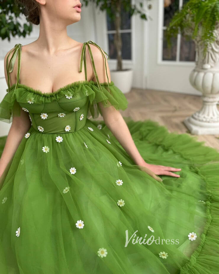 Short Prom Dresses 2025 Green Tulle Prom Dress Spaghetti Strap Daisy Flower Formal Dress FD2773-prom dresses-Viniodress-Green-Custom Size-Viniodress