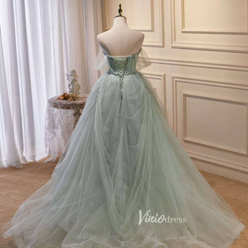 Green Tulle Prom Dresses Off the Shoulder Evening Dress FD3210-prom dresses 2025 -Viniodress-Green-Custom Size-