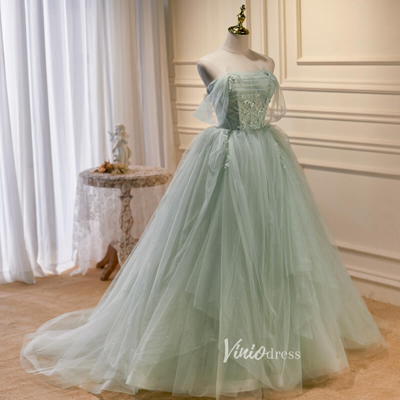 Green Tulle Prom Dresses Off the Shoulder Evening Dress FD3210-prom dresses 2025 -Viniodress-Green-Custom Size-