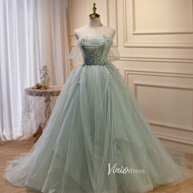 Green Tulle Prom Dresses Off the Shoulder Evening Dress FD3210-prom dresses 2025 -Viniodress-Green-Custom Size-