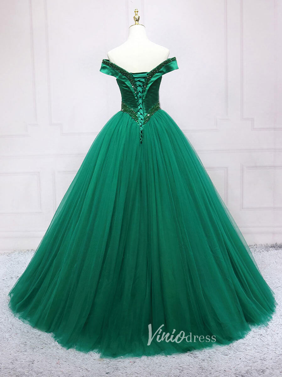 Green Tulle Prom Dresses Off the Shoulder Evening Gown FD3190-prom dresses 2025 -Viniodress-Green-Custom Size-