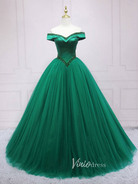 Green Tulle Prom Dresses Off the Shoulder Evening Gown FD3190-prom dresses 2025 -Viniodress-Green-Custom Size-