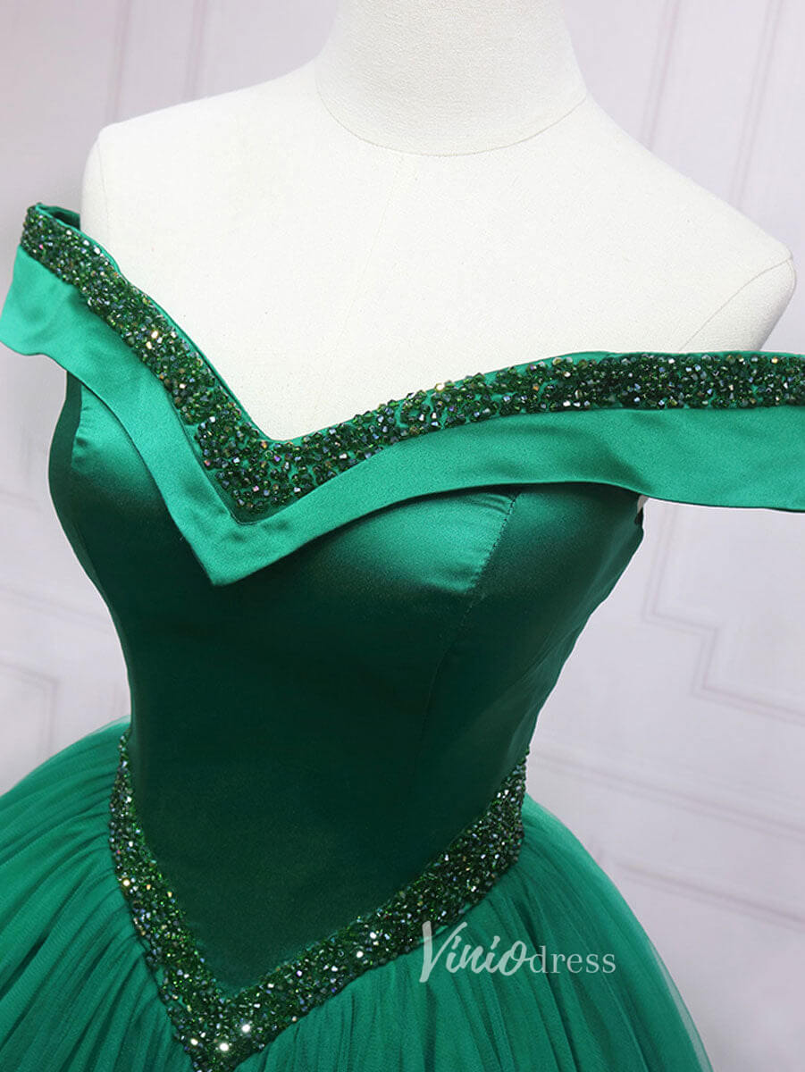 Green Tulle Prom Dresses Off the Shoulder Evening Gown FD3190-prom dresses 2025 -Viniodress-Green-Custom Size-