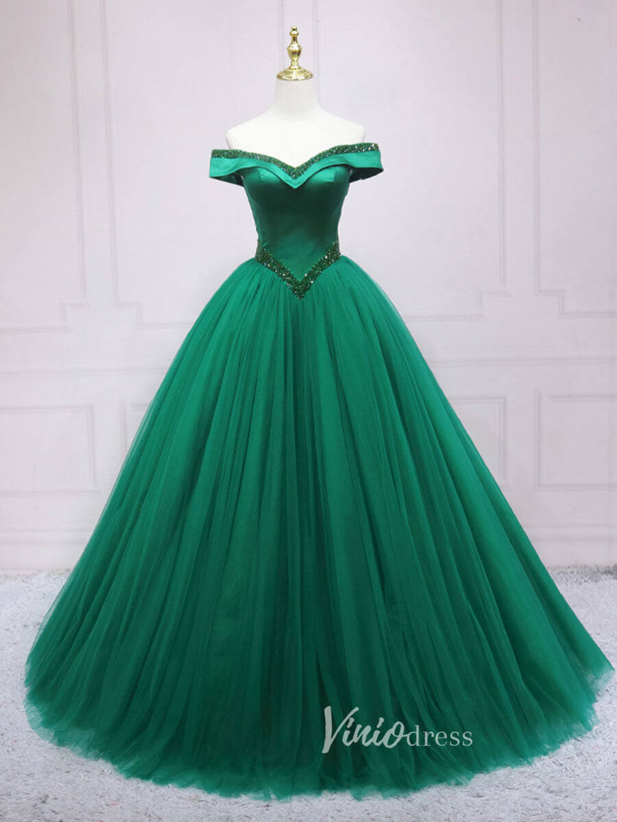 Green Tulle Prom Dresses Off the Shoulder Evening Gown FD3190-prom dresses 2025 -Viniodress-Green-Custom Size-