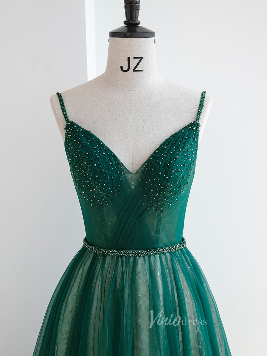 Green Tulle Prom Dresses Spaghetti Strap Formal Dress FD3232-prom dresses 2025 -Viniodress-Green-Custom Size-