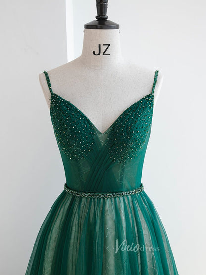 Green Tulle Prom Dresses Spaghetti Strap Formal Dress FD3232-prom dresses 2025 -Viniodress-Green-Custom Size-