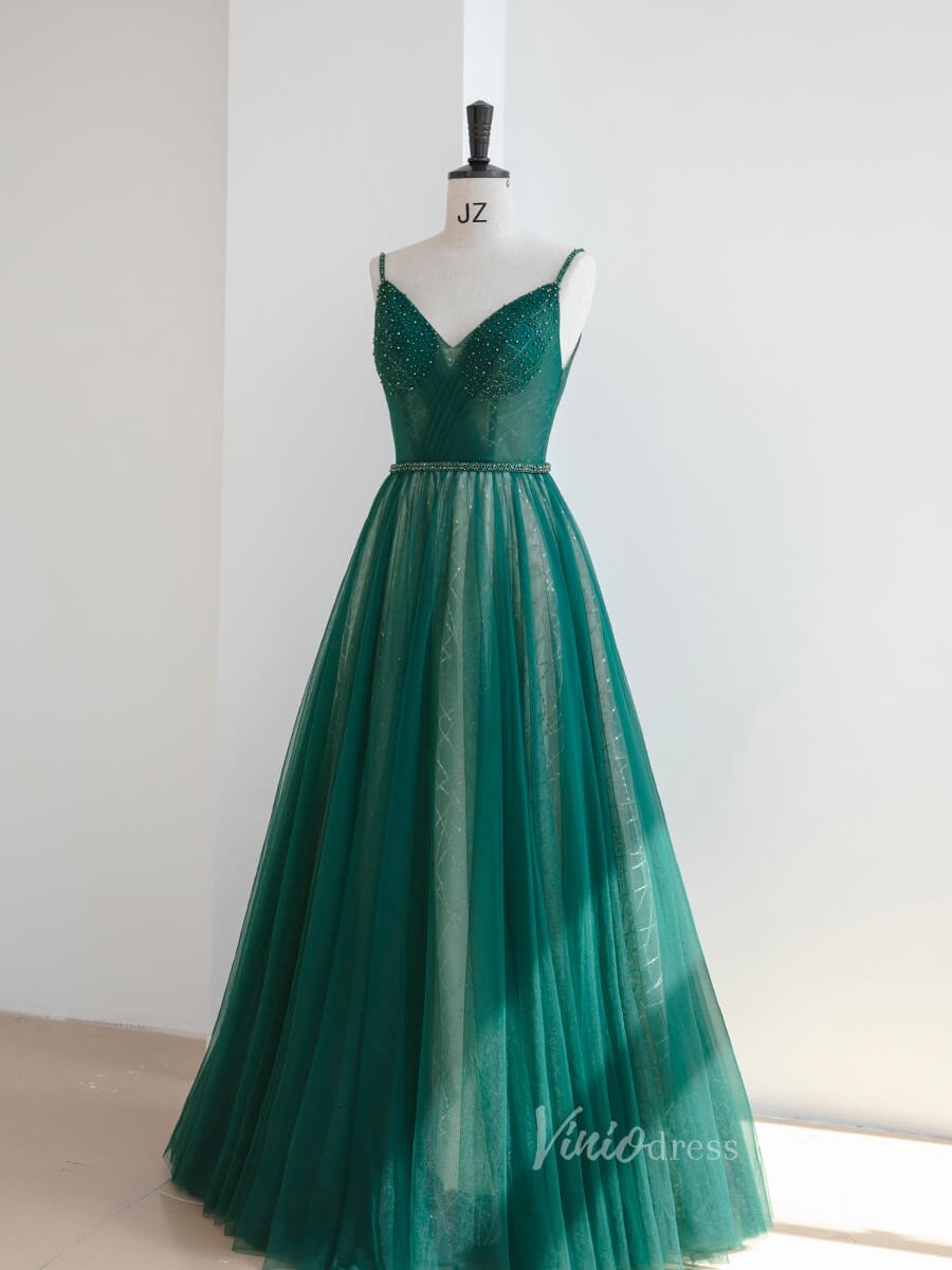Green Tulle Prom Dresses Spaghetti Strap Formal Dress FD3232-prom dresses 2025 -Viniodress-Green-Custom Size-