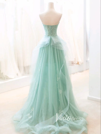 Green Tulle Prom Dresses Strapless Lace Applique Formal Dress FD3427-prom dresses 2025 -Viniodress-Green-Custom Size-