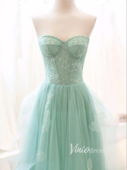 Green Tulle Prom Dresses Strapless Lace Applique Formal Dress FD3427-prom dresses 2025 -Viniodress-Green-Custom Size-