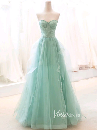 Green Tulle Prom Dresses Strapless Lace Applique Formal Dress FD3427-prom dresses 2025 -Viniodress-Green-Custom Size-