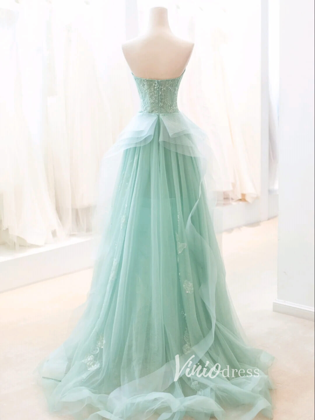 Prom Dress 2025 Green Tulle Prom Dresses Strapless Lace Applique Formal Dress FD3427-unique prom dresses-Green-Custom Size-Viniodress