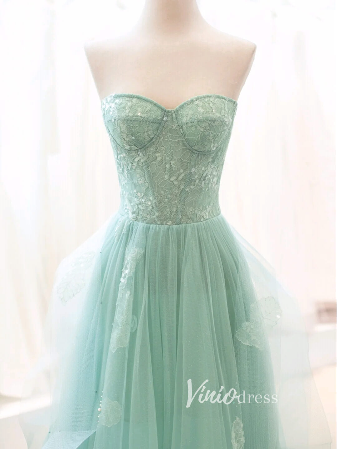 Prom Dress 2025 Green Tulle Prom Dresses Strapless Lace Applique Formal Dress FD3427-unique prom dresses-Green-Custom Size-Viniodress