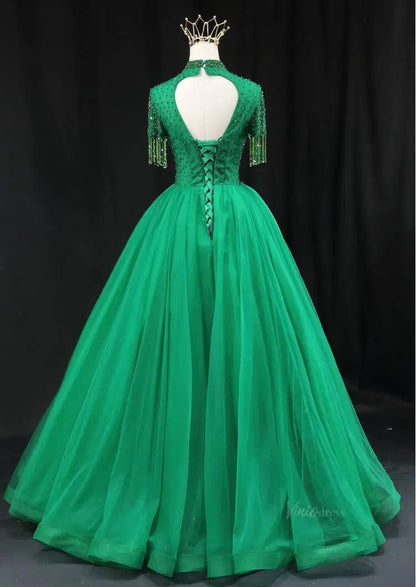 Green Tulle Prom Dresses with Beaded Bodice, High Neck, Tassels, Quinceanera Dresses SU080-prom dresses 2025 -Viniodress-Green-Custom Size-