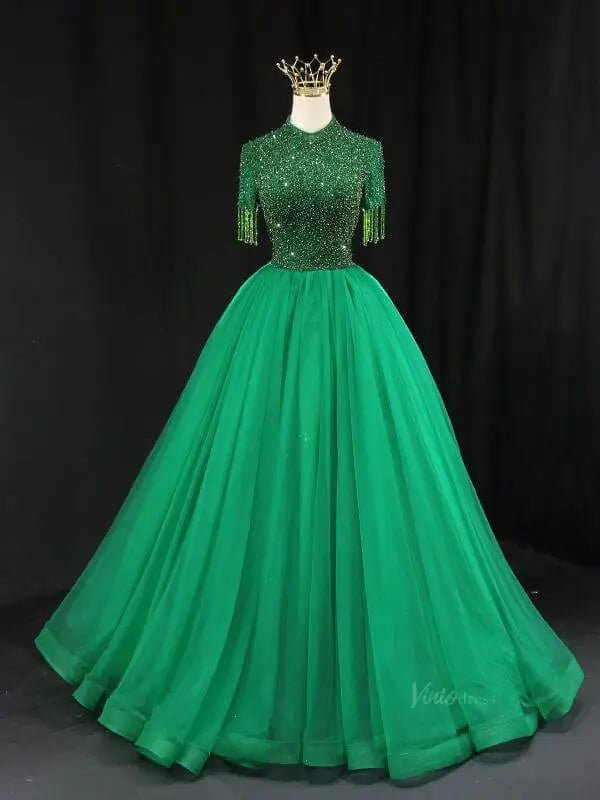 Green Tulle Prom Dresses with Beaded Bodice, High Neck, Tassels, Quinceanera Dresses SU080-prom dresses 2025 -Viniodress-Green-Custom Size-