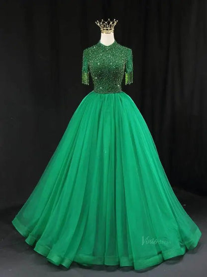 Green Tulle Prom Dresses with Beaded Bodice, High Neck, Tassels, Quinceanera Dresses SU080-prom dresses 2025 -Viniodress-Green-Custom Size-