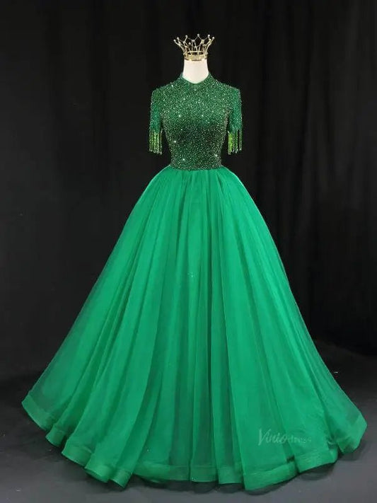 Green Tulle Prom Dresses with Beaded Bodice, High Neck, Tassels, Quinceanera Dresses SU080 - Viniodressprom dressesGreenCustom Size - Formal Dresses - Ball Gowns