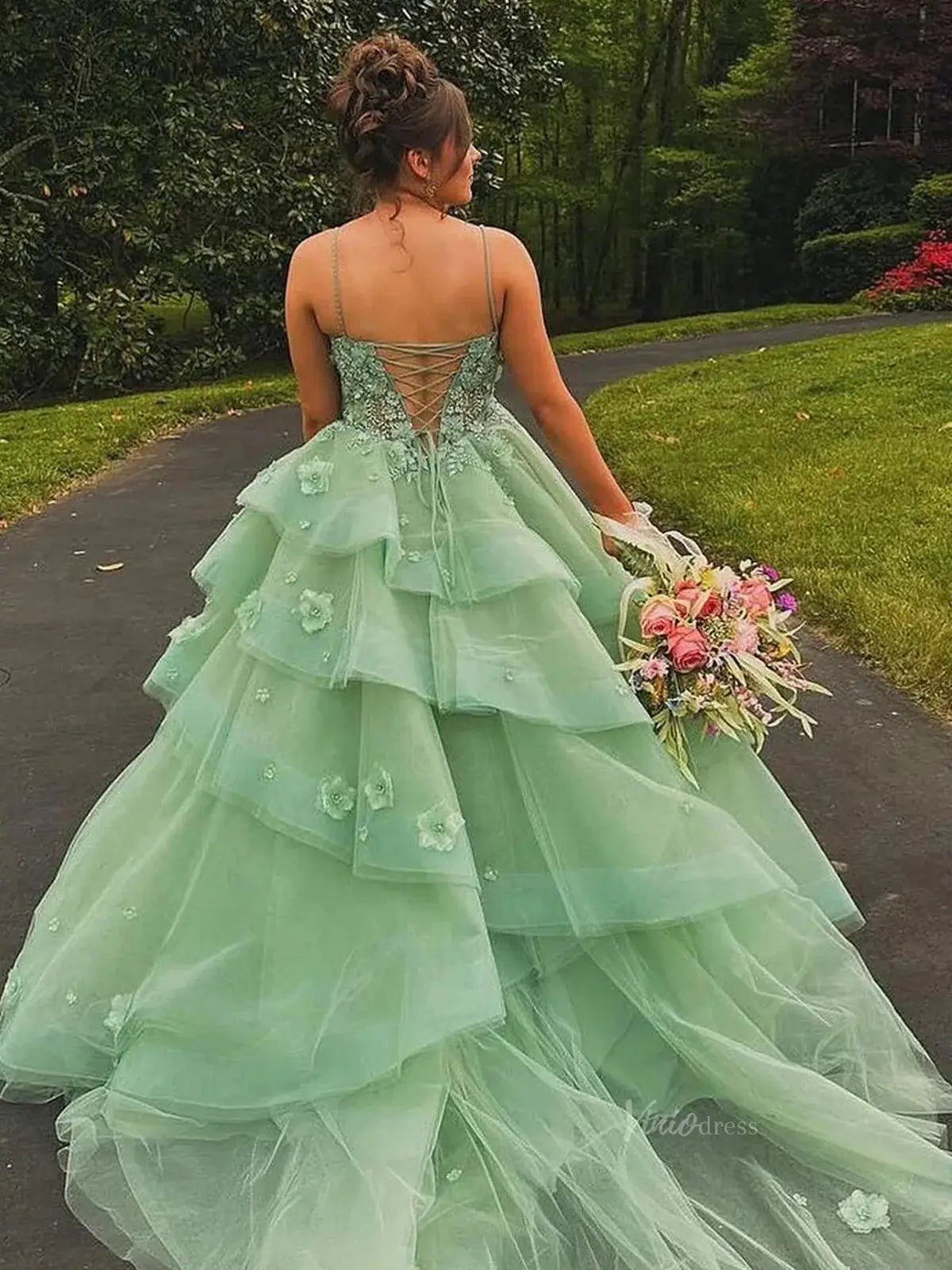 Green Tulle Tiered Prom Dresses Spaghetti Strap 3D Flower Lace Formal Dresses - FD3707-prom dresses 2025 -Viniodress-Green-Custom Size-