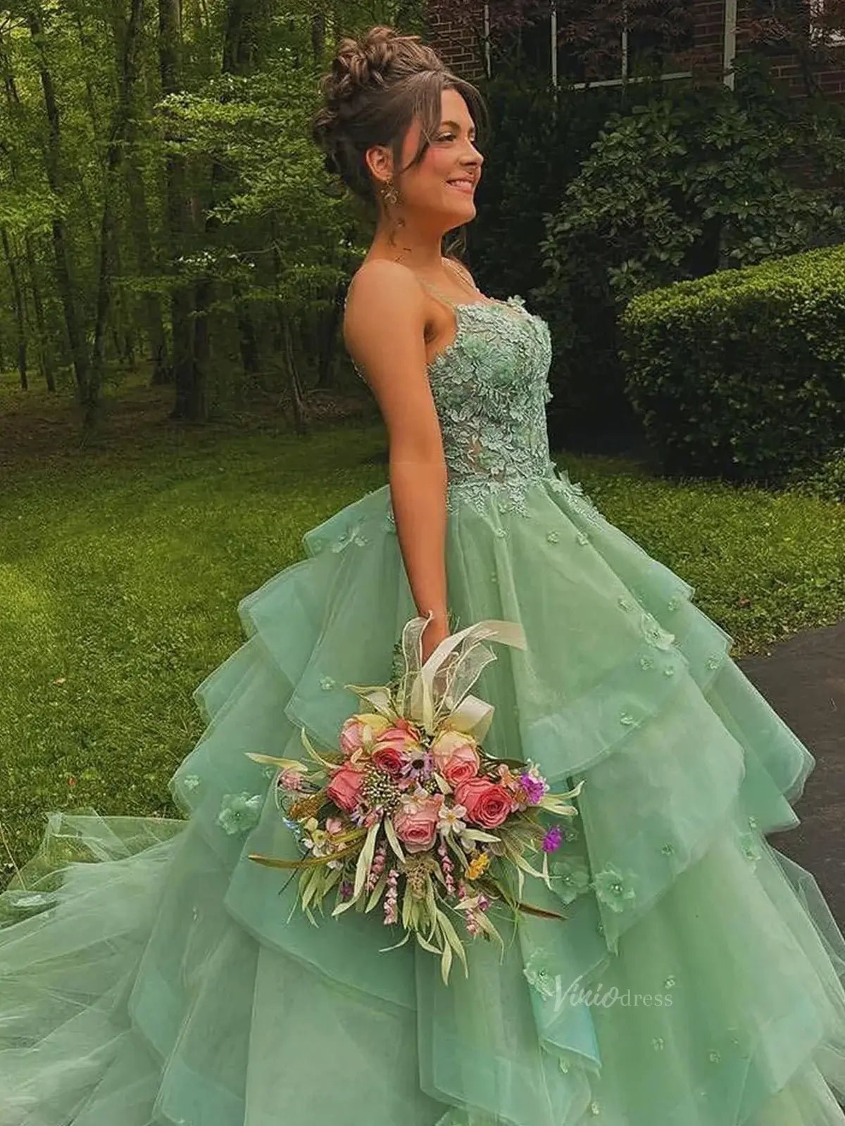 Green Tulle Tiered Prom Dresses Spaghetti Strap 3D Flower Lace Formal Dresses - FD3707-prom dresses 2025 -Viniodress-Green-Custom Size-