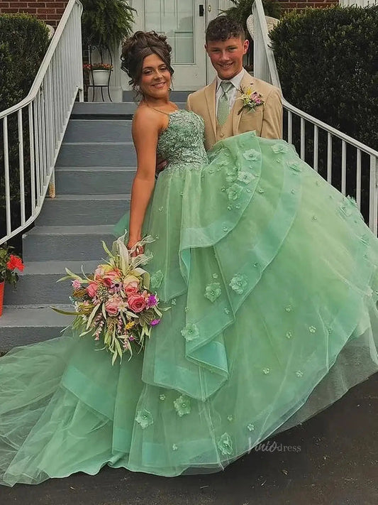 Green Tulle Tiered Prom Dresses Spaghetti Strap 3D Flower Lace Formal Dresses - FD3707-prom dresses 2025 -Viniodress-Green-Custom Size-