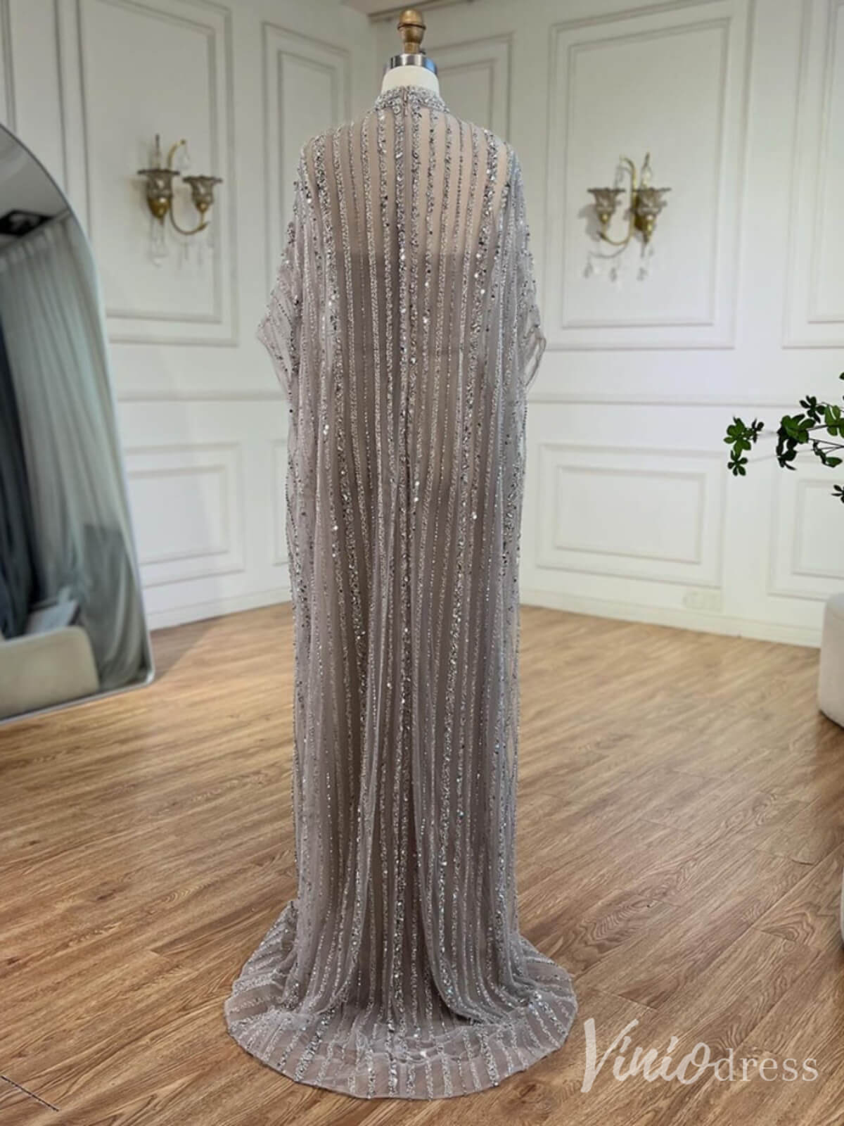 Grey Beaded Cape Sleeve Evening Dress Sheath High Neck Mother of the Bride Dress 20226-Evening Dresses 2025 -Viniodress-Grey-US 2-