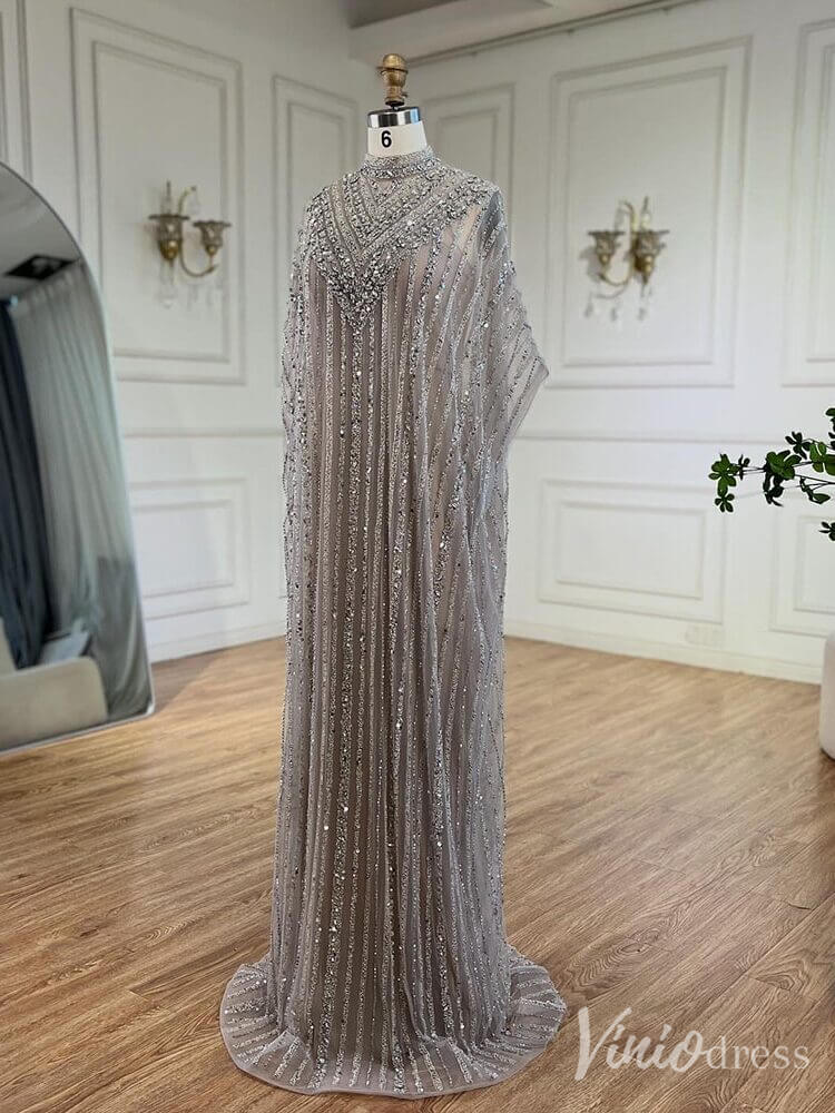Grey Beaded Cape Sleeve Evening Dress Sheath High Neck Mother of the Bride Dress 20226-Evening Dresses 2025 -Viniodress-Grey-US 2-