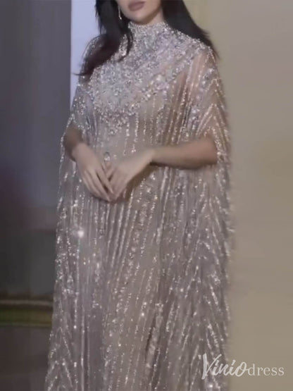 Grey Beaded Cape Sleeve Evening Dress Sheath High Neck Mother of the Bride Dress 20226-Evening Dresses 2025 -Viniodress-Grey-US 2-