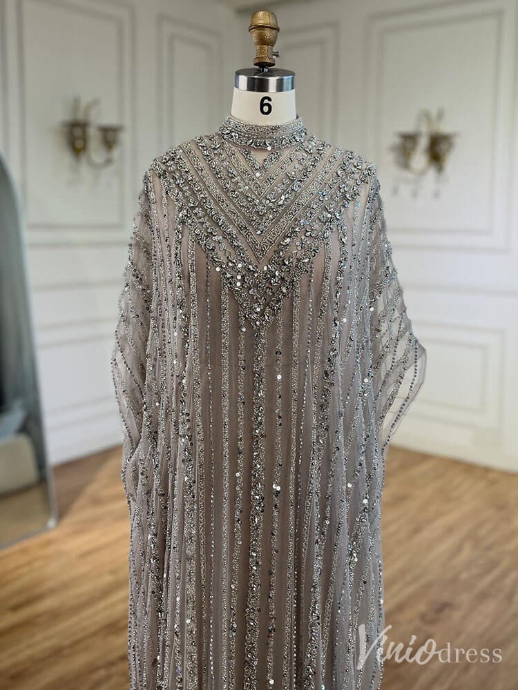 Grey Beaded Cape Sleeve Evening Dress Sheath High Neck Mother of the Bride Dress 20226-Evening Dresses 2025 -Viniodress-Grey-US 2-