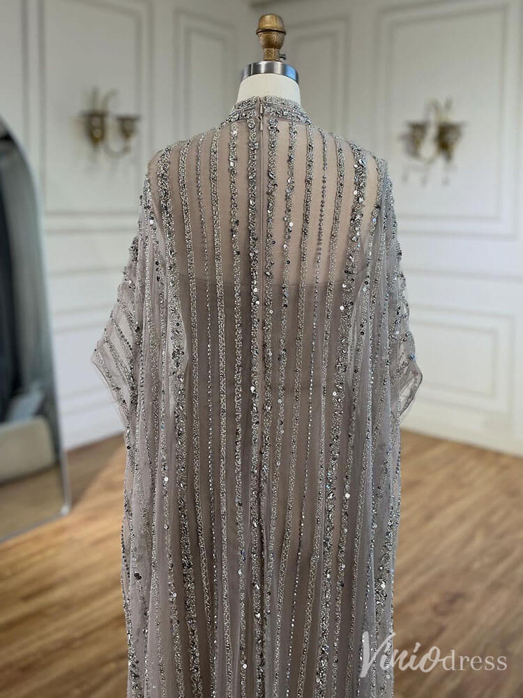 Grey Beaded Cape Sleeve Evening Dress Sheath High Neck Mother of the Bride Dress 20226-Evening Dresses 2025 -Viniodress-Grey-US 2-