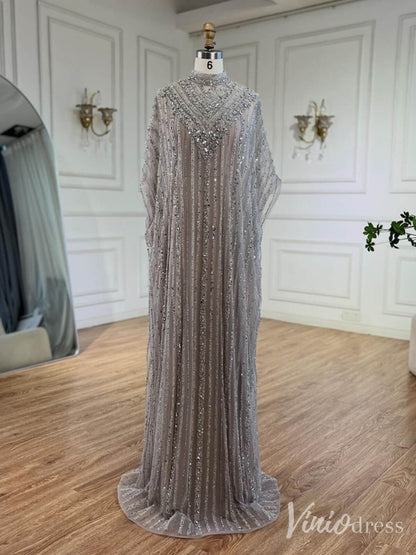 Grey Beaded Cape Sleeve Evening Dress Sheath High Neck Mother of the Bride Dress 20226-Evening Dresses 2025 -Viniodress-Grey-US 2-