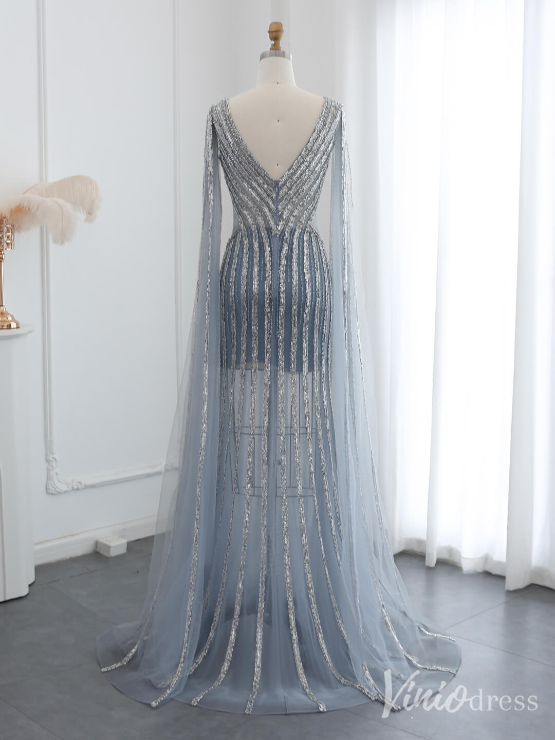 Grey Beaded Extra Long Sleeve Prom Dresses Sheer V-Neck Pageant Dress 20238-Evening Dresses 2025 -Viniodress-Grey-US 2-