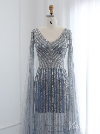Grey Beaded Extra Long Sleeve Prom Dresses Sheer V-Neck Pageant Dress 20238-Evening Dresses 2025 -Viniodress-Grey-US 2-
