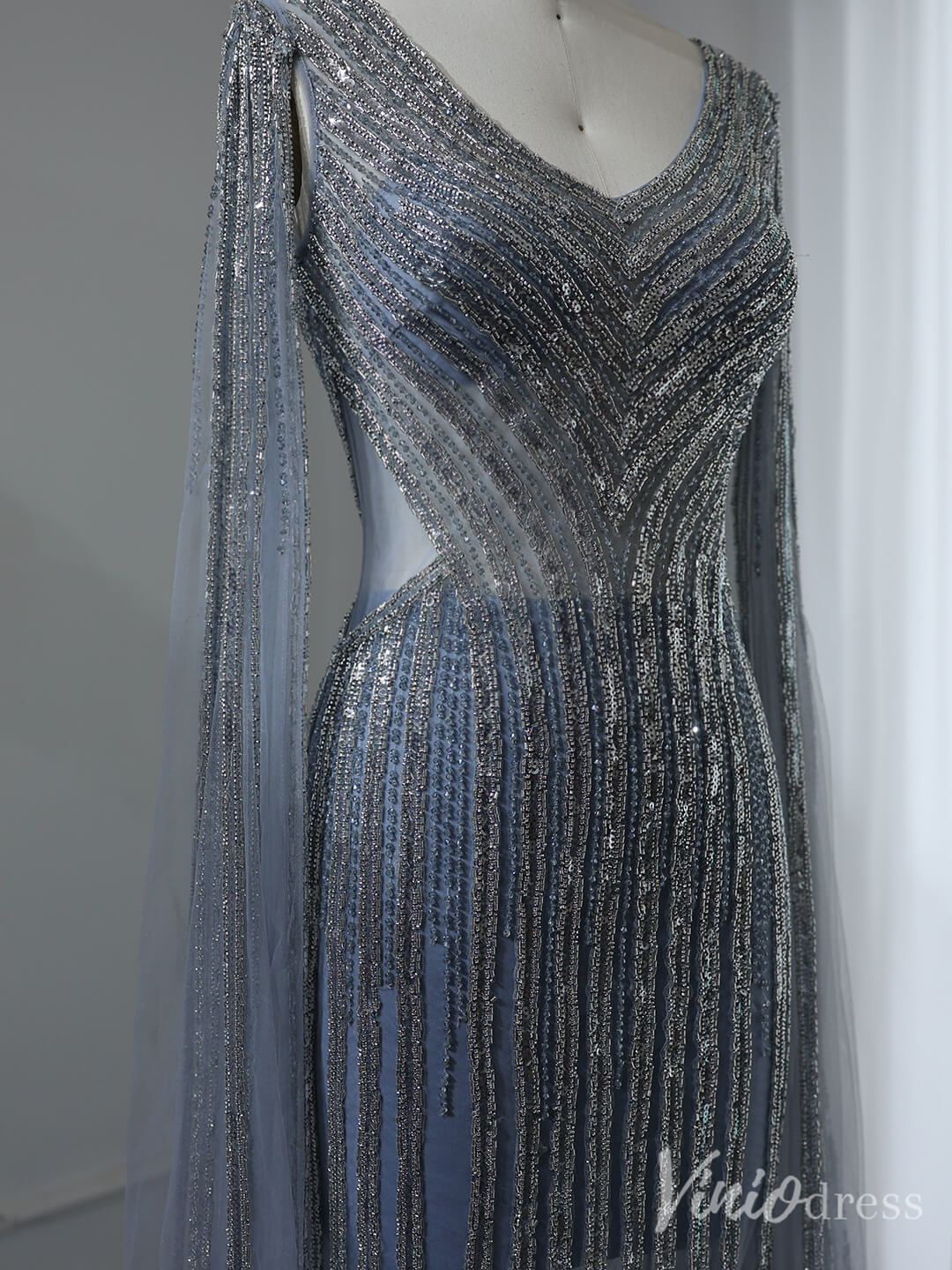 Grey Beaded Extra Long Sleeve Prom Dresses Sheer V-Neck Pageant Dress 20238-Evening Dresses 2025 -Viniodress-Grey-US 2-